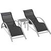 Outsunny Set 2 Sdraio da Giardino e Tavolino con Vetro, Lettino Prendisole con Tessuto Traspirante 59 x 169 x 66cm, Nero Grigio