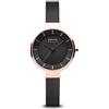 BERING 14631-166 Reloj solar para mujer con caja de acero inoxidable de 31 mm con acabado en oro rosa y esfera negra, correa milanesa, cristal de zafiro y resistencia al agua de 5 ATM, 13940-507