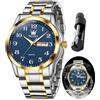 OLEVS Orologi da uomo classico argento moda maschile orologio bicolore in acciaio inox business dress casual orologio da polso calendario impermeabile blu bianco nero data quadrante, Cinturino in