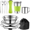EUBSWA Set di posate da campeggio, 10 pezzi, in acciaio inox, per 2 persone, posate da viaggio, per escursioni e picnic, colore: verde