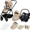 LIONELO MERIL 3in1 Carrozzina Neonati Passeggino Multifunzione Per Bambini 0-48 Mesi Fino a 22 Kg + Navicella + Seggiolino Auto, Ruote All Terrain 360° Cappottina XXL (Sabbia beige, MERIL 3IN1)