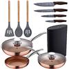 SAN IGNACIO Set 5pz padelle (con coperchio) alluminio stampato induzione con Set 3pz utensili cucina legno silicone con Set 4pz coltelli acciaio inox con T