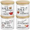 Generico Set Contenitori per Sale Fino e Grosso Zuccherro e Caffè Personalizzati Descrizioni Confezione 4 Barattoli Trasparenti In Vetro Coperchio Legno Idea Regalo Arredo Decorazioni Casa Cucina
