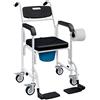HOMCOM Sedia a Rotelle con WC Impermeabile 4 in 1, Sedia Comoda WC per Anziani e Disabili con Ruote, Freno e Porta Rotolo, Carrozzina Sedia da Doccia Bagno con Poggiapiedi Pieghevoli e Braccioli, Nero