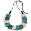 Avalaya Collana in corda di cotone nero con perline a forma di moneta in legno turchese/grigio/bianco, lunghezza massima 100 cm, regolabile, Misura unica, Legno Cordoncini legno