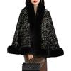 ORANDESIGNE Poncho Paillettes Donna Mantelle Fatti a Maglia Cappotto Mantella Paillettes Scialle con Collo in Pelliccia Sintetica Stola Cardigan per Festa Matrimonio Invernale Sposa A Nero