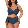 CUPSHE Costume da bagno da donna a vita alta, con orlo a vita alta, con orlo annodato sul retro, Blu scuro, L