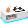 GIANTEX Tavolino da caffè rettangolare moderno con luce colorata e telecomando, tavolino da caffè con cassetto e ripiano aperto per soggiorno (bianco)