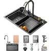 OMGMTSTORE 80 x 50 cm, lavello da cucina, a cascata, in acciaio inox, nero, grigio, 1 vasca, grande piano di lavoro, con rubinetto estraibile, 2 scolapiatti, tagliere, dispenser di sapone, lavastoviglie per