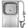 DomoDomo - Lavello Cucina in Acciaio Inox 80x50 cm con Gocciolatoio - Lavello da Incasso Set con Miscelatore & Sifone - Lavello da Cucina 1 Vasca, Lavello da Appoggio
