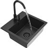 GRANITAN Lavandino Cucina 44,5x41,5 cm - Lavandino Cucina - Lavello 1 Vasca Sifone - Lavabo Cucina Lavello da Cucina con Rubinetto - Lavello in Granito Due Fori + Tappo - Nero profondo (Nero Siphon)