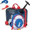 SOARS Set di Valigia Cavalcabile 18'' + Zaino 12'' per Bambini 2 Pezzi, Bagagli 2-in-1 di con Maniglia Telescopica e 4 Ruote, Trolley Bagaglio a Mano e Zaino per Bambini (Nero Astronauta)