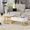PD1 Set di 2 Tavolini da Salotto Moderni con Struttura in Metallo Dorato e Ripiani Spaziosi, Dimensioni 100x48x38,5 cm e 70x70x44,5 cm, Bianco