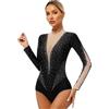 TiaoBug Body da Danza Classica Donna Body da Ginnastica Artistica Abito da Pattinaggio Artistico con Strass Lucido Tuta Intera da Allenamento Bodysuit Dancewear Nero XL