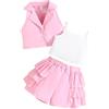 LUVCES Abbigliamento Estivo per Bambine Senza Maniche Blazer+ Bretelle Bianche+ Pantaloncini con Orlo Arricciato 3Pezzi Abito alla Moda Set 3Pcs Rosa 4-5 Anni