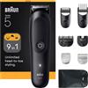 Braun Rifinitore All in One per Barba e Capelli 9 in 1 Ricaricabile Autonomia 120 Minuti 14 Lungheze colore Nero serie 5 - AIO5540