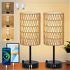 Rayofly Set di 2 Lampade da Comodino, Lampada da Letto Dimmerabile a Tocco con Funzione di Ricarica Porte USB A+C, Lampada da Tavolo Vintage con Paralume in Rattan e Lampadina LED per Camera da Letto