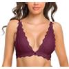 SHEKINI Reggiseno da donna in pizzo a triangolo bralette senza fili rimovibile imbottito regolabile reggiseno profondo scollo a V con fiocco traspirante biancheria intima da donna, Viola, XL