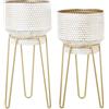 DRW Set di 2 vasi rotondi in metallo con gambe bianche e dorate, 36 x 36 x 80 cm