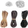 JRSHIRLEYLTD 3 rotoli corda in pelle, 5 m x 3 mm, cordino per collane in pelle, cordoncino per collana in pelle, con 50 fermagli a pinza e 50 fermagli in crine di cavallo, per lavori fai da te, bracciali, gioielli