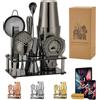 Jettory Boston Shaker Set da 10 shaker da cocktail in acciaio inox con base acrilica, colino da bar, pinza per ghiaccio, cucchiaio da bar, misurino, pestello, perfetto per il bar di casa (nero)
