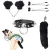 Qoosea Plug Anale a Coda di Volpe Coppia Cosplay Dildo Anale Set di 4 Morsetti per Capezzoli Collare con Rivetti Orecchie di Gatto Plug Anale Giocattoli Anali SM Giocattoli Erotici(Nero)