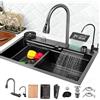 ATHOMASM Lavabo da cucina 1 vasca, Nero da incasso 80 x 45 cm, Acciaio inossidabile, Grande lavello, Lavelli da lavoro, Indicatore della temperatura dell'acqua, Con set di rubinetto estraibile