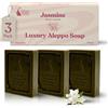GREEN FADEL Sapone di Aleppo Luxury con Aroma di Gelsomino, 3 pezzi, con Olio d'Oliva e Olio di Alloro, Sapone all'Olio d'Oliva, Naturale
