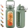 BLUEGO 2L Bottiglia d'acqua in vetro con manico in acciaio inox, manicotto in silicone e cannuccia per palestra, ufficio e sport all'aperto, senza BPA, Verde oliva