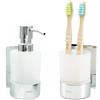 Dolvhin® Set Dispenser Sapone e Bicchiere Bagno | Dosatore Liquido & Portaspazzolino Vetro Satinato | Supporto Inox Senza Forare | Dispenser Adesivo da Parete | Set Accessori Bagno | Cromo Lucido