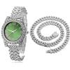 HALUKAKAH Orologio d'oro con Diamanti,Donna Platino Placcato Oro Bianco 36MM Larghezza Verde Quadrante Quartz 20cm con Catena Cubane40cm Nacklace,Confezione Regalo Gratuita