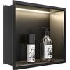 Bernkot Doccia a muro in acciaio inox con striscia LED, 30 cm x 30 cm, impermeabile - non necessita di piastrelle, per il bagno, nicchia, nero opaco