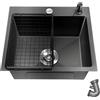 OUBUBY Lavello da cucina in granito nero, 40 x 45 cm, rettangolare, da incasso, in granito, da cucina, piccolo, singolo con fori per rubinetto, 1 lavello in acciaio inox
