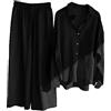 Generic Camicia da donna casual tinta unita retrò plus size cotone pulsante camicia a vita alta tasca allentata pantaloni lunghi tuta maglione pantaloni set per le donne, Nero , 5XL