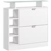 HOMCOM Scarpiera moderna con due cassetti ribaltabili per 12 paia di scarpe, scarpiera con piano in vetro e ripiani regolabili, 89 x 25 x 92 cm, bianco