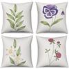 ASDCXZ Set di 4 federe per cuscino, 40 x 40 cm, dipinte a mano, fiori viola, verde, foglie, per divano, cuscino decorativo, lavabile, in poliestere, lino, per esterni