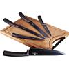 BerlingerHaus Carbon Pro Set di 5 Coltelli da Cucina Professionali, Tagliere in Bambù, Lama in Acciaio Inossidabile, Rivestimento Antiaderente Coltello da Cuoco, Pane, Affettare, Design Metallic Line