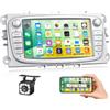 CAMECHO [1+32G]CAMECHO Android 13 Autoradio per Ford Focus mk2 Mondeo Cmax Galaxy Smax Kuga, 7 Pollici 1080P HD TouchScreen Schermo Navigatore WiFi RDS FM USB Bluetooth Comandi al Volante+Retrocamera(Argento)