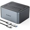 ORICO Docking Station Hard Disk per 2.5/3.5 pollici SSD/HDD, Alluminio Dual bay USB 3.2 Gen 2 Hard Drive Clone Docking Station, Supporta Clone Offline e UASP, 2 x 18 TB, con Alimentazione.