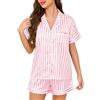 Lovasy Pigiama Donna Estivo in Raso con Bottoni Davanti Corto Seta Spalline Bianco Nero Blu Pigiami Donna Seta Corto Set,B-Rosa/Righe,M