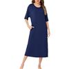 Wikoan Donna Sleepwear Collo Rotondo Manica Corta Camicia da Notte Lunga Morbida con Tasche,Blu Navy,M