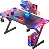 HLONONE 140 x 60cm Scrivania Gaming LED, Tavolo Gaming Ergonomica, Postazione Gaming con Superficie in Fibra di Carbonio, Scrivania per Computer con Porta Tazza e Gancio per Cuffie, Nero