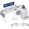 ODK Scrivania Angolare Bianco, Scrivania a L con 4 Cassetti, Tavolo a Forma di L Reversibili con 2 Porte di Ricarica USB e 2 Prese di Corrente per Casa Ufficio, 160x80x84.7cm
