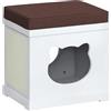 PawHut Cuccia Casetta per Gatti in Legno con 2 Cuscini e Tiragraffi Rimovibili, Bianco e Marrone, 41x30x36cm