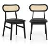 COSTWAY Set di 2 sedie da pranzo in legno, con seduta imbottita, rivestimento in ecopelle e schienale in rattan, 2 sedie per il tempo libero per cucina e sala da pranzo (nero)