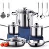 HOMICHEF 14 pezzi di batteria da cucinain acciaio inox senza nichel - Pentole e padelle in acciaio inox senza nichel - Set di pentole in acciaio inox per induzione sana