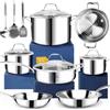 HOMICHEF 14 pezzi set di pentole in acciaio inox senza nichel, rivestito in 3 strati - Set di pentole e padelle lucidate a specchio - Pentole salutari con vaporiera - Pentole a induzione atossiche