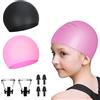 TAIXING 2 Pezzi Cuffia Piscina Bambino, Impermeabile Cuffia Piscina Bambina Cuffia Piscina Donna Silicone Cuffia Piscina Neonato da 5 a 14 Anni con Tappi per le Orecchie e Clip per il Naso Nero e Rosa