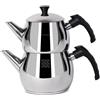 Serenk Modernist - Teiera turca in acciaio inox, Caydanlik, teiera 1 l, coperchio della teiera 1,5 l, manico nero, made in Türkiye