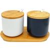 OnePine Set di 2 Zuccheriera in Ceramica, 260ml Contenitore per spezie barattoli spezie Rotonda con Coperchio e Cucchiaio, per Casa e Cucina, Bianco e Nero